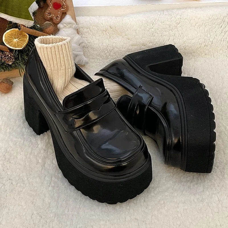 Punk Style Chunky Platform Pumps Women Black Pu Leather Super High Heel Loafers Woman Slip On Thick Heels Lolita Mary Jane Shoes