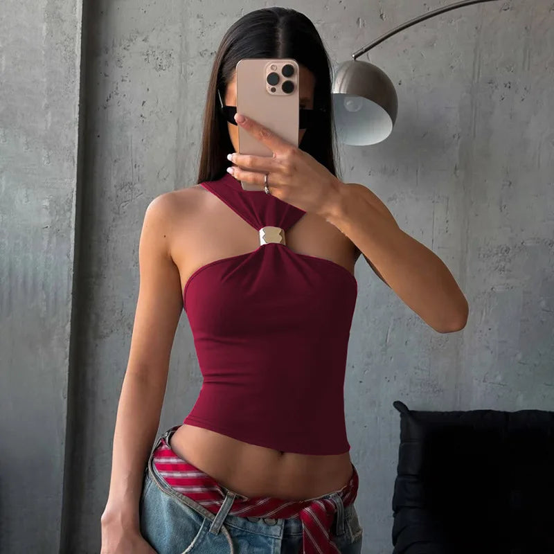 FDYOUI 2026 Summer Halter Neck Off Shoulder Corset High Street Women Sexy Sleeveless Crop Top Hollow Out Slim Tank Tops Clubwear