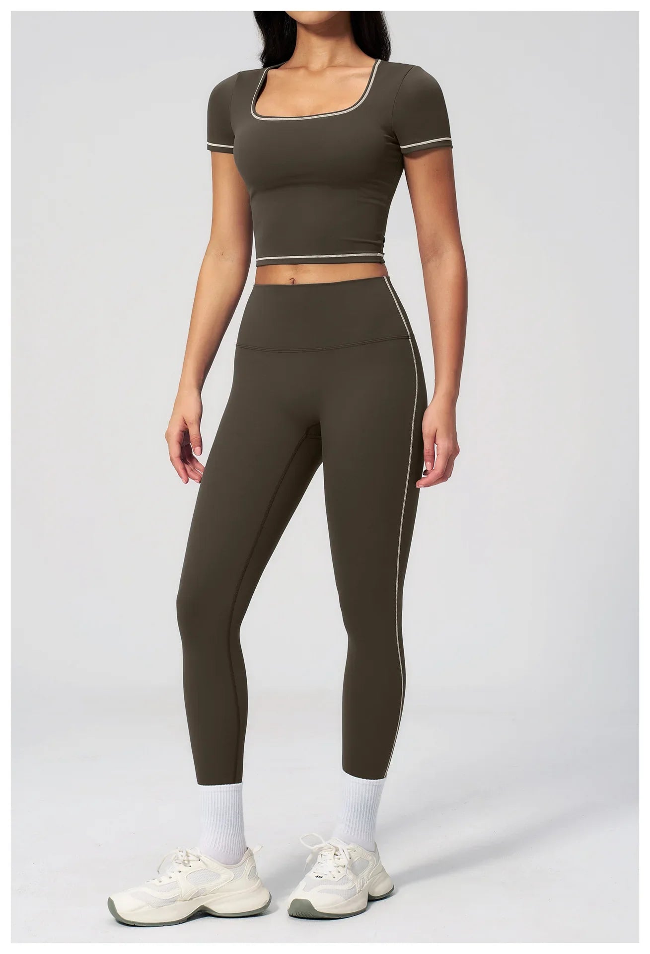 2PC Color Contrast Yoga Suit Women Short Sleeve Square Collar Slim Sports Top Fitness Suits Outdoor Exercise Leggings Tracksuit