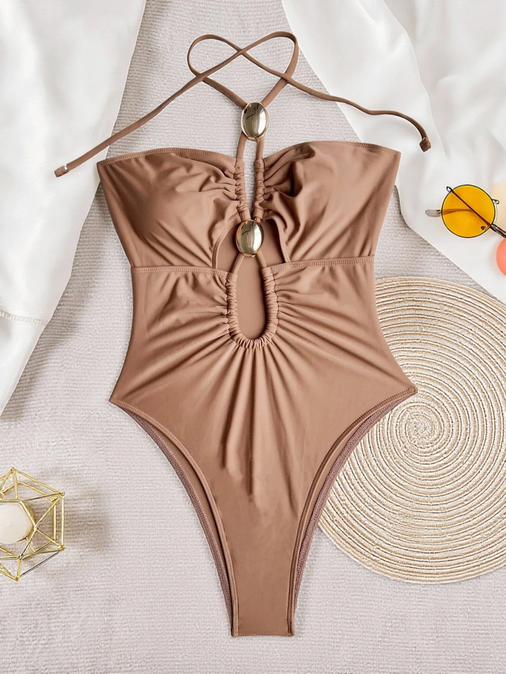 2026 Summer Women's One-piece Suit Swimwear Sexy Hollow Out Neck Lace-up Bodysuit Beachwear High Waist Push Up Bathing Suits