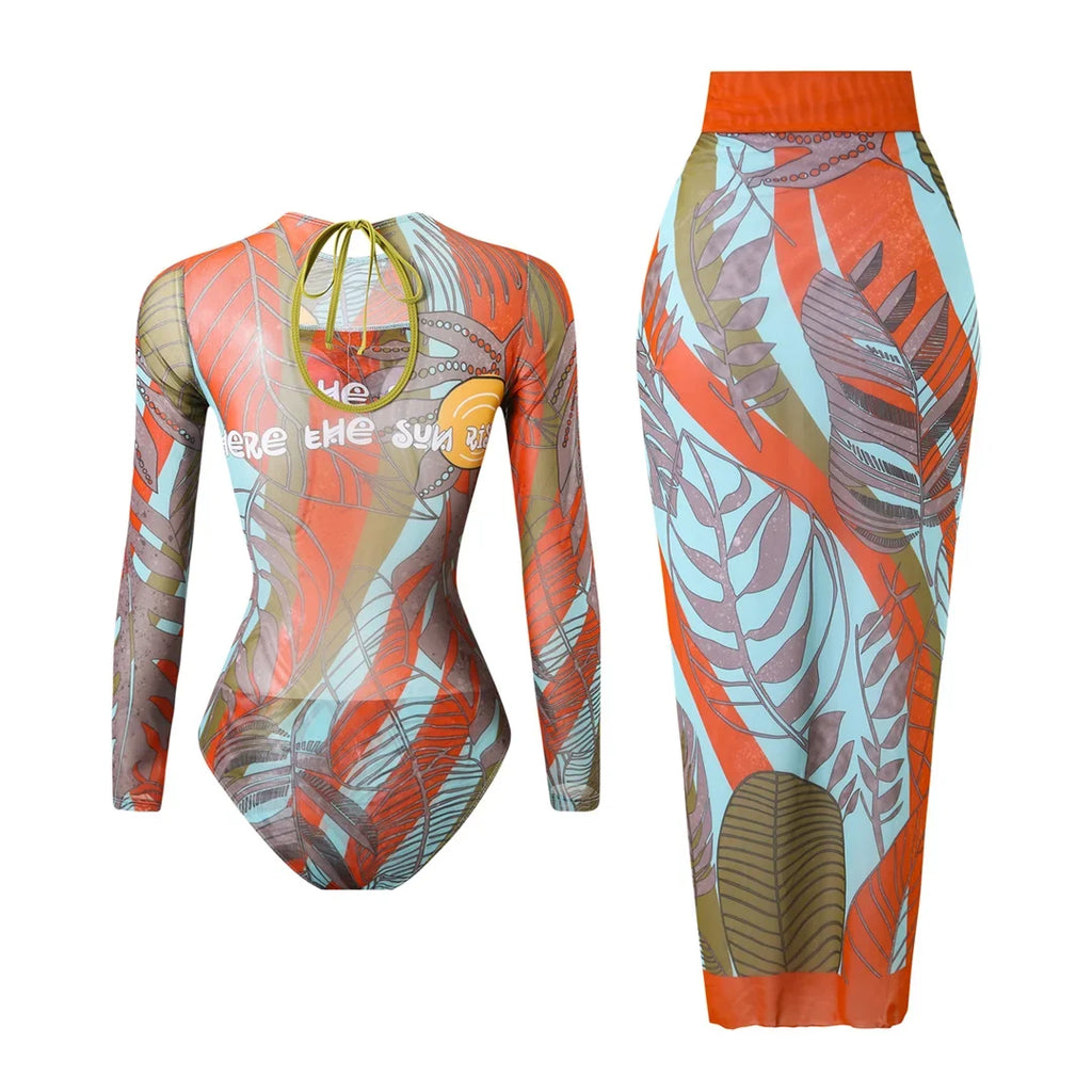 S - XXL Printed Long Sleeve With Sarong One Piece Swimsuit Women Swimwear Female Flowers Padded Bather Bathing Suit Swim V7181