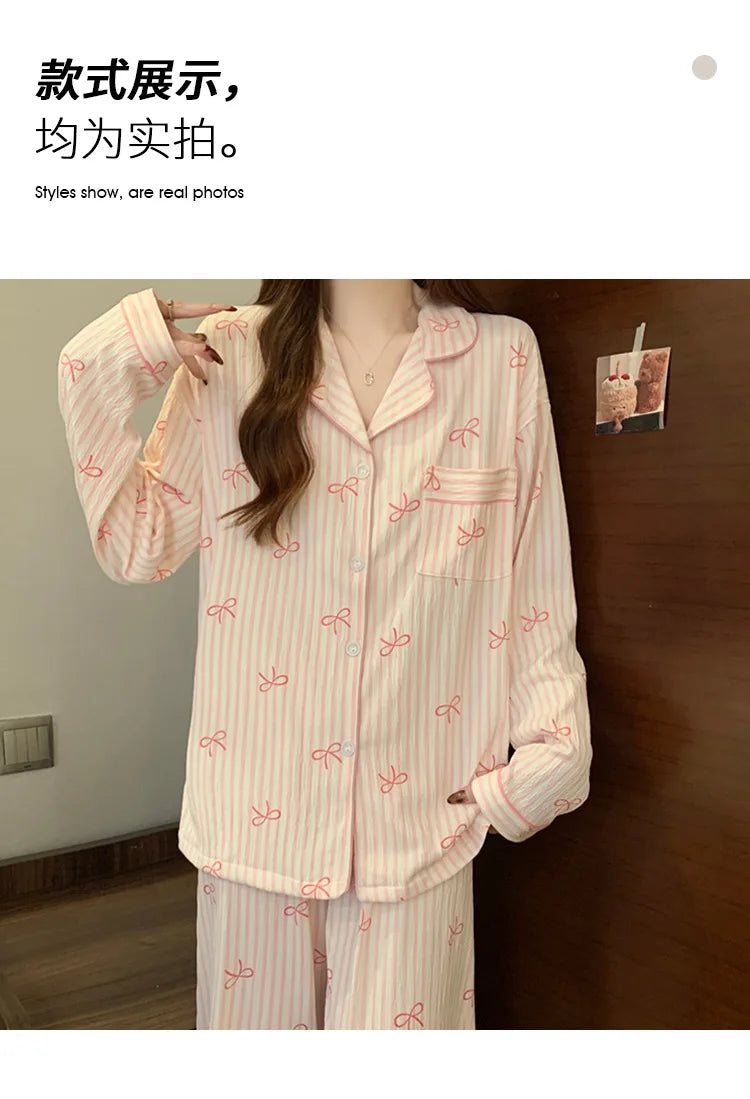 Spring Autumn New Women's Pajamas Long Sleeved Long Pants Sweet Printed 2-piece Set Casual Home Cardigan Nightgown
