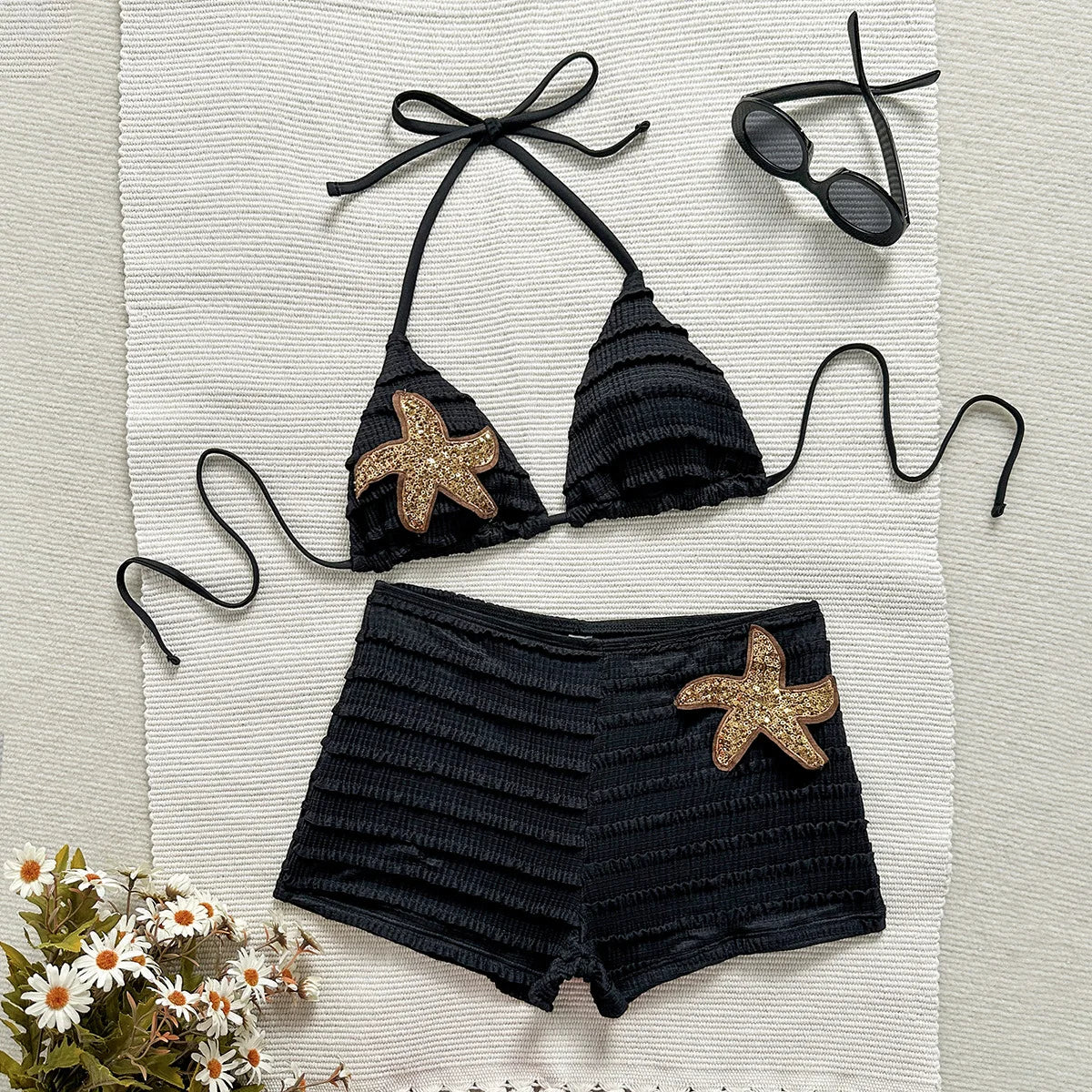 Vintage Two Piece Bikini Set 2026 Women White Black Starfish Ornament Push Up High Waist Swimsuit Holiday Bathing Suit Swimwear