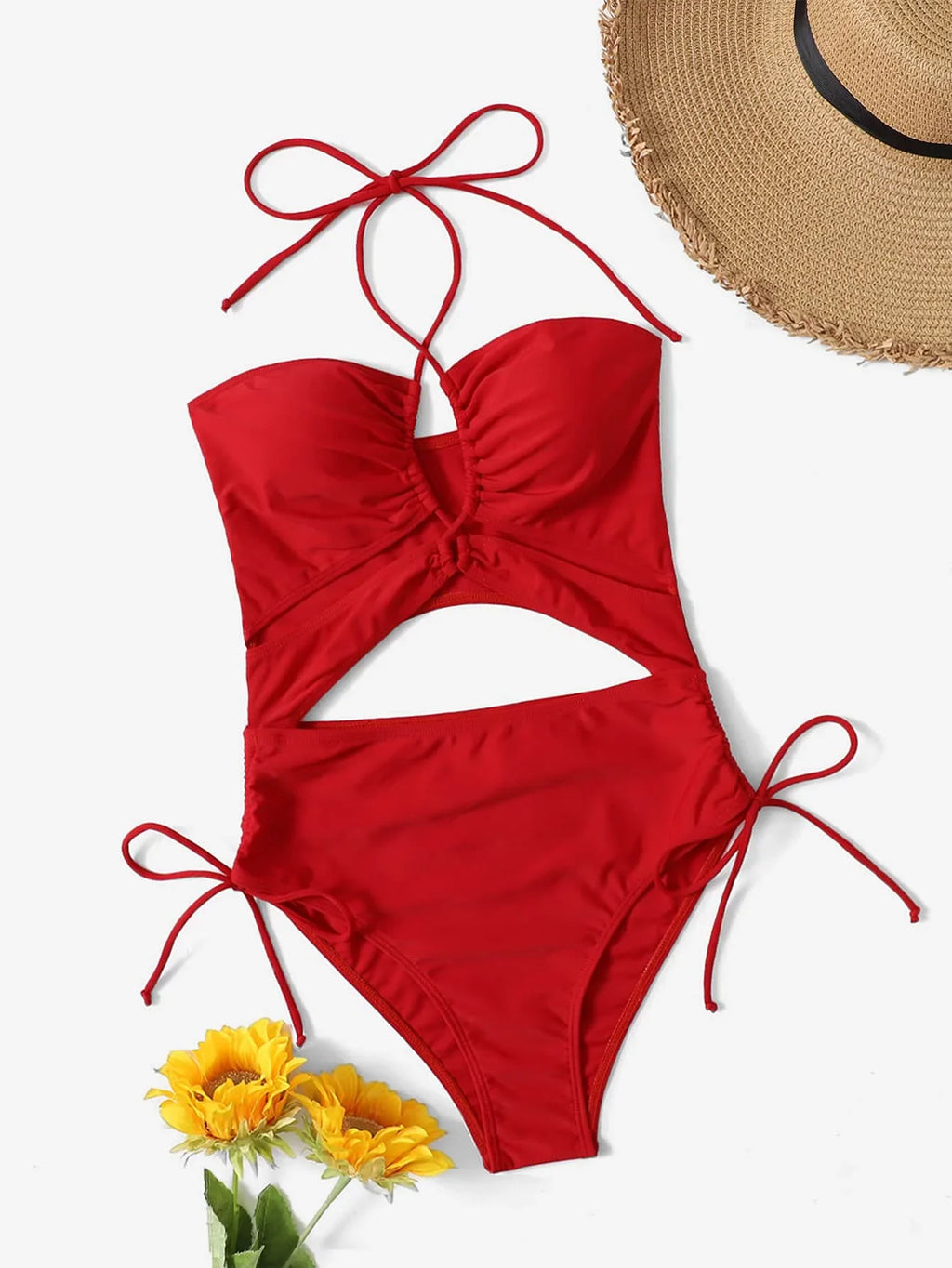 2026 Drawstring Swimsuit Solid Cut Out Knot Halter One Piece Swimwear Women Padded Bathing Suit Female Swimming Summer Beachwear