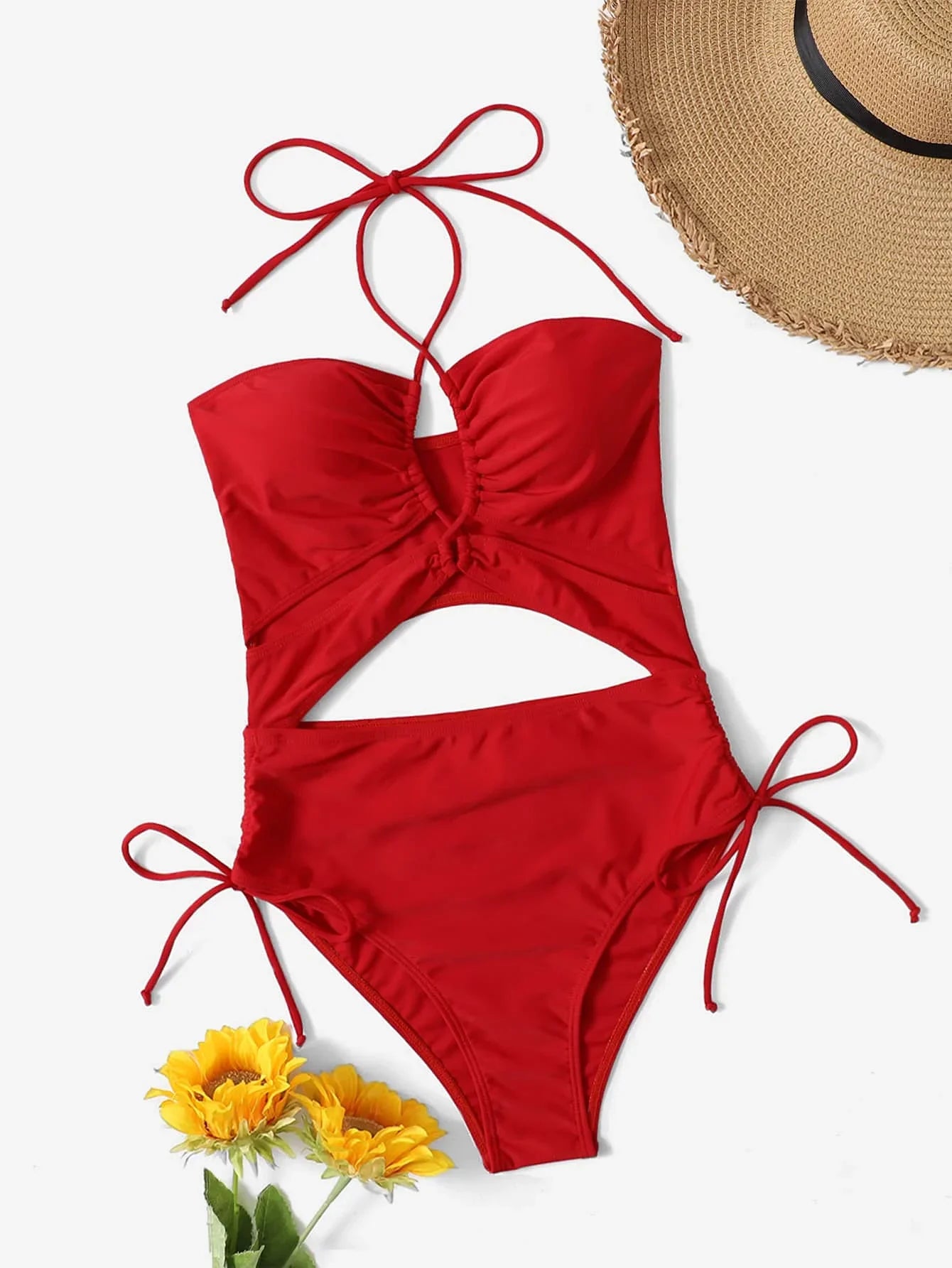2026 Drawstring Swimsuit Solid Cut Out Knot Halter One Piece Swimwear Women Padded Bathing Suit Female Swimming Summer Beachwear