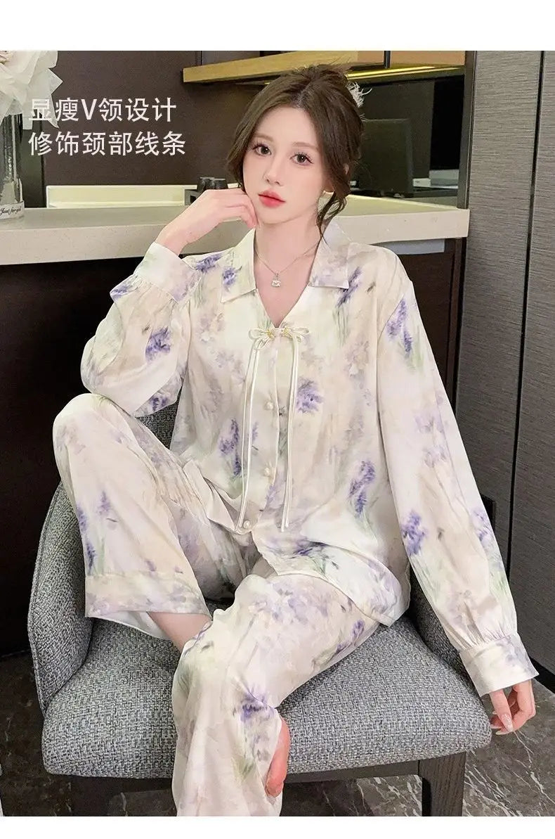 Spring and summer new Chinese style pajamas, ice silk long sleeves, large size home clothes set, retro buckle home clothes