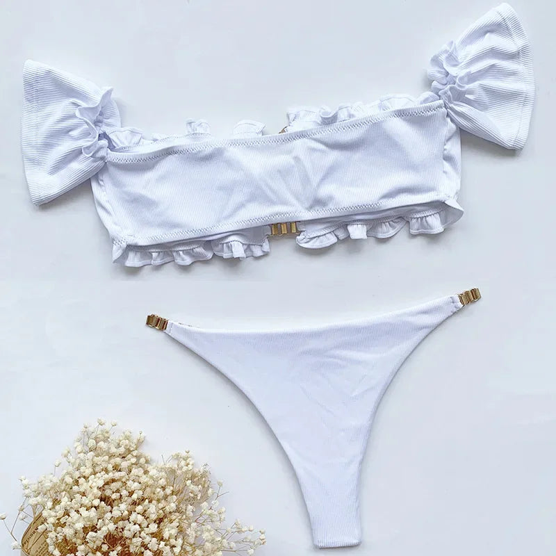 Sexy Ruffled Frill Off Shoulder Bikini Women Swimwear Female Swimsuit Two-pieces Bikini Set Ribbed Bathing Suit Swim Beach Wear