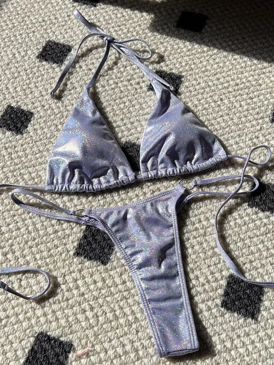Halter Shiny PU Faux Leather Bikini Female Swimsuit Women Swimwear Two-piece Bikini Set Mini Micro Thong Bathing Suit Swim Lady