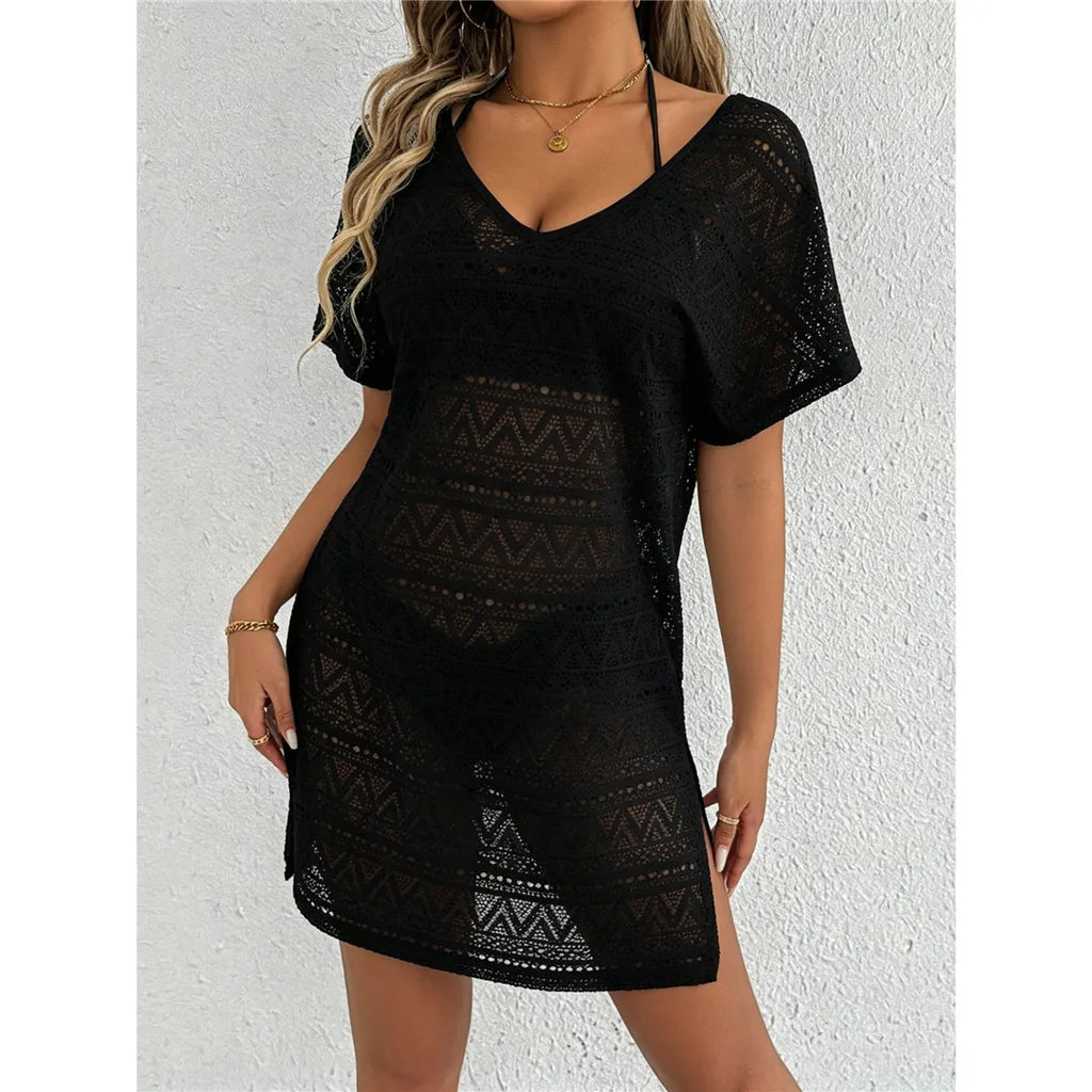 S - XL V Neck Short Sleeve Hollow Out Knitted Tunic Beach Cover Up Cover-ups Beach Dress Beach Wear Beachwear Female Women V8214