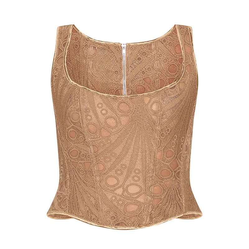 Lace Double Layer Fitted Corset Casaul Style Waist Trainer Mesh Solid Color Hollow Out Backless Suspenders Sleeveless Top CSSX