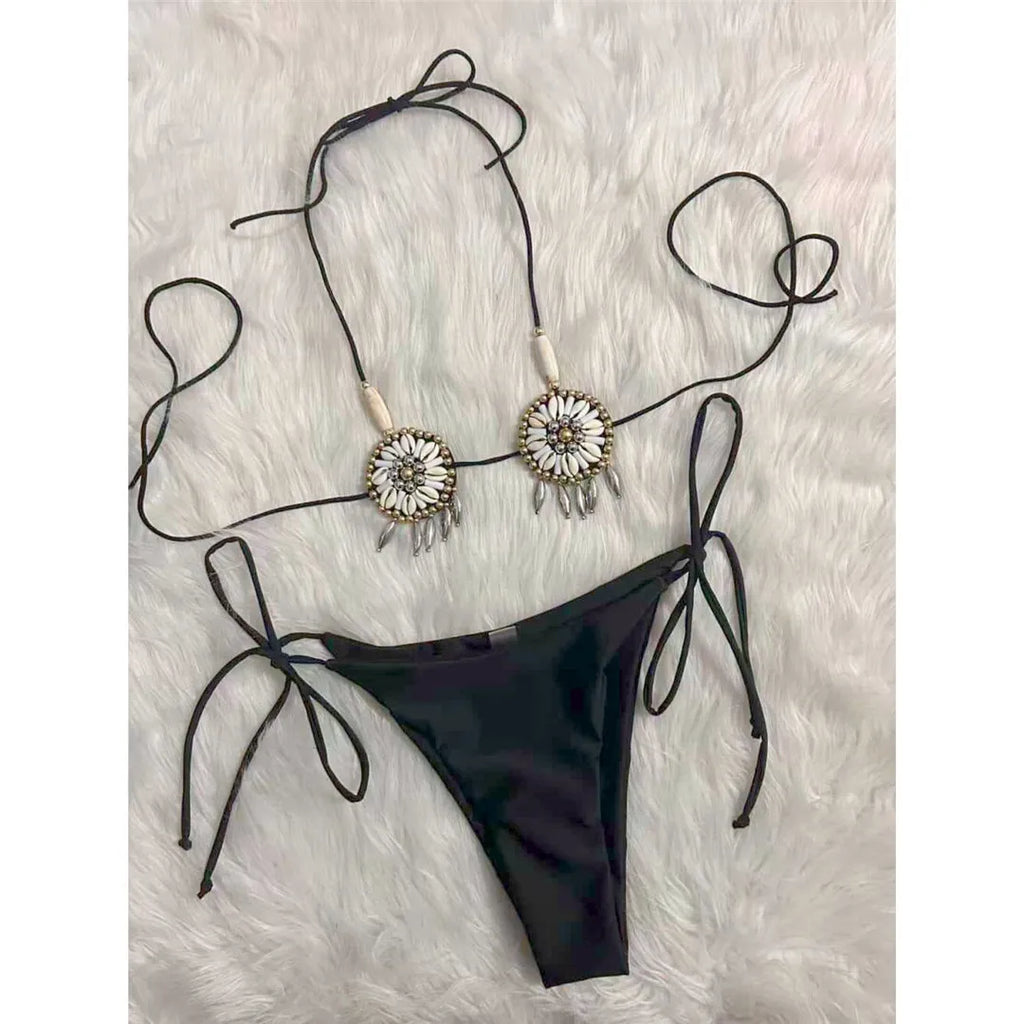 New Sexy Shell Beads Scalloped Bikini Women Swimwear Female Swimsuit Two-Pieces Bikini Set Halter Bather Bathing Suit Swim V8026