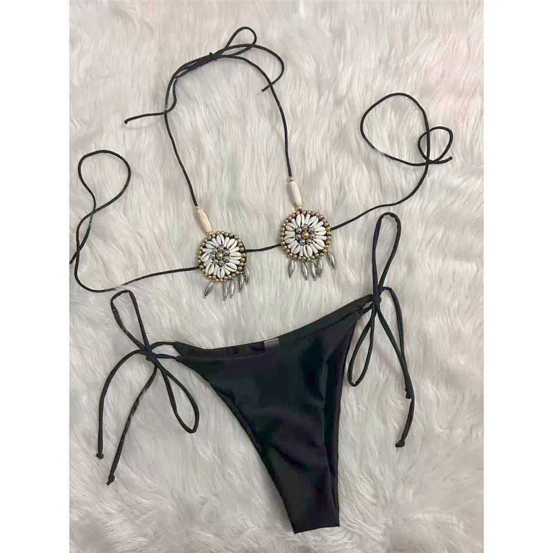 New Sexy Shell Beads Scalloped Bikini Women Swimwear Female Swimsuit Two-Pieces Bikini Set Halter Bather Bathing Suit Swim V8026