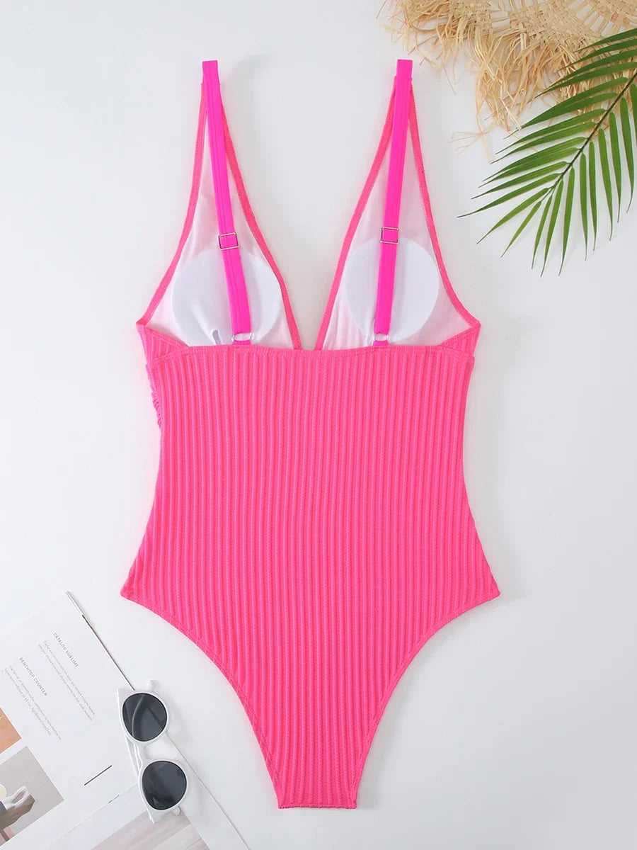 2026 V Neck Swimsuit One Piece Solid Vintage Swimwear Women One-piece Bathing Suit Female Padded Beach Wear Swimming Beachwear