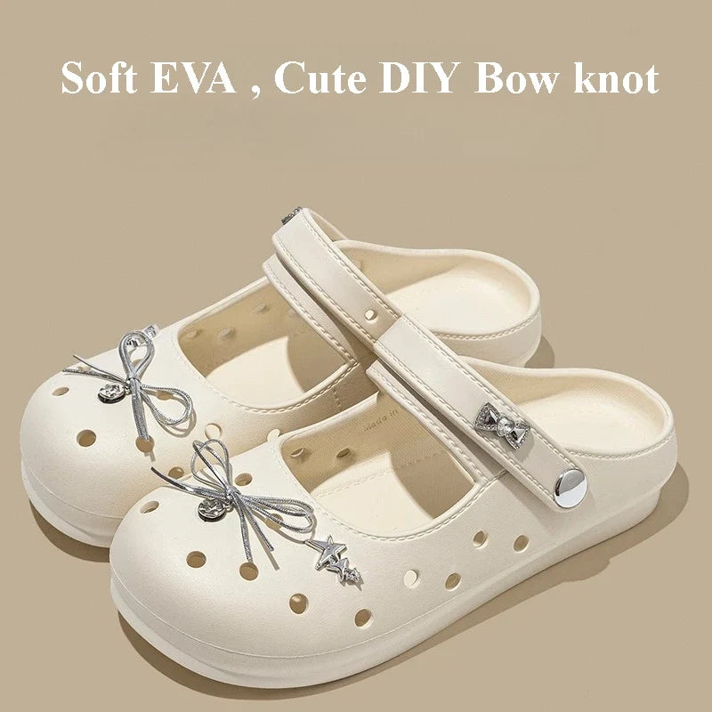 Cute DIY Bow Knot Indoor Street Slippers For Women Fashion Clogs Female Summer Shoes Soft EVA Anti-slip Ladies Home Beach Slides