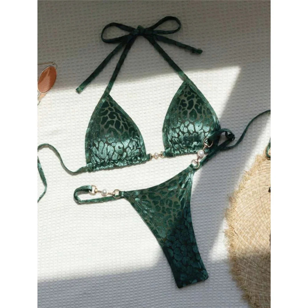 S - XL Leopard Pearl Mini Micro Thong Bikini Female Swimsuit Women Swimwear Two-Piece Bikini Set Bather Bathing Suit Swim V5207B