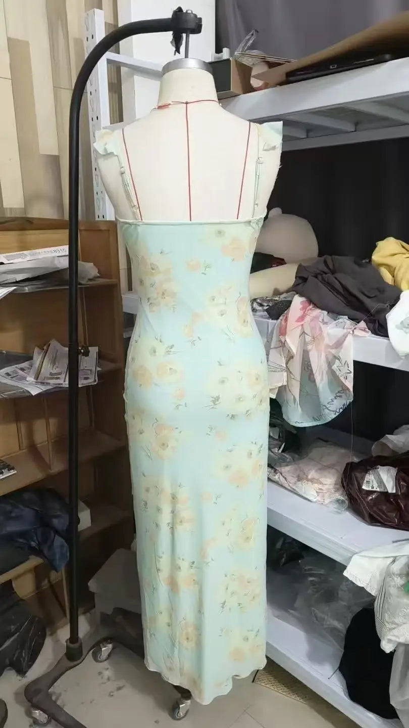 Sexy Elegant Flower Print Slim Long Dresses Women V-neck Low Cut Leace-up Backless Package Hip Bodycon Sleeveless Dress Female