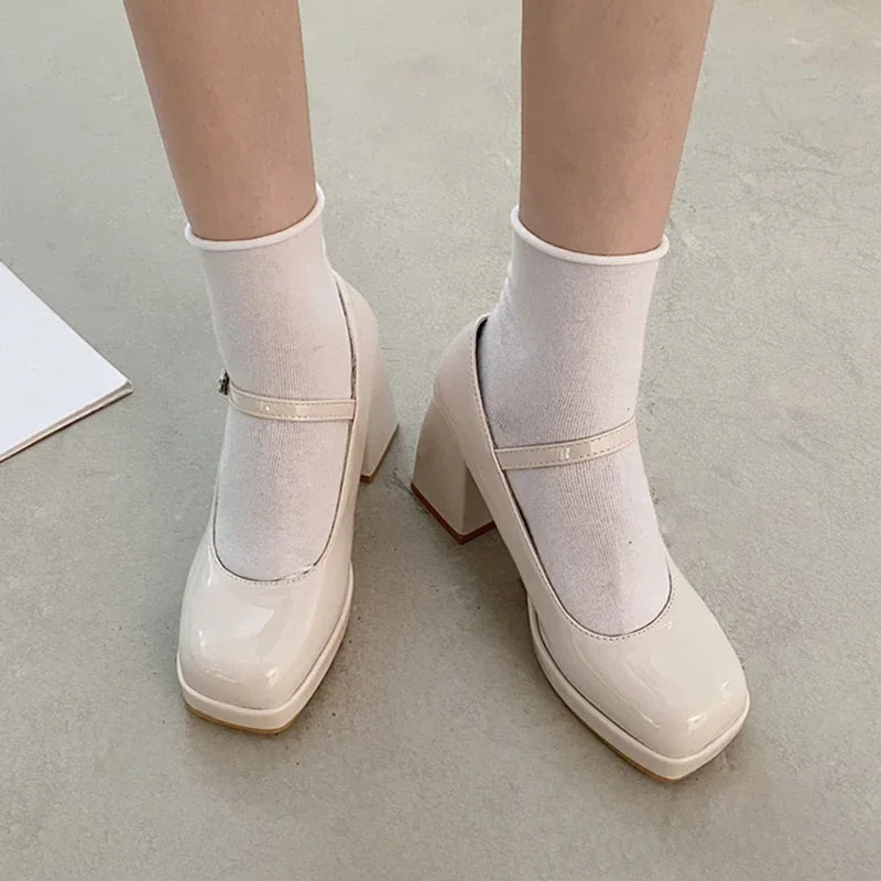 Patent Leather High Heel Mary Jane Shoes Women Elelgant Buckle Strap Platform Pumps Woman Chunky Heels Punk Lolita Shoes Female