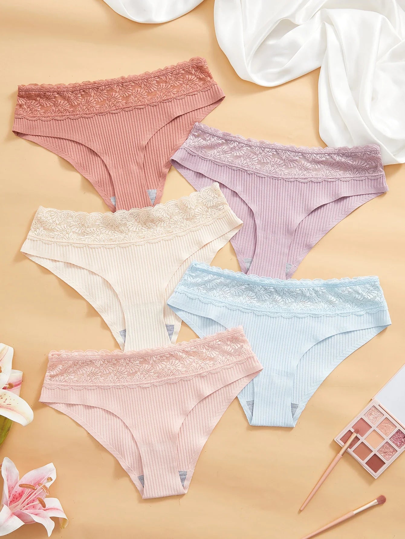5-Pack Women's Panties Floral Lace Patchwork Ribbed Solid Briefs Breathable Soft Lingerie