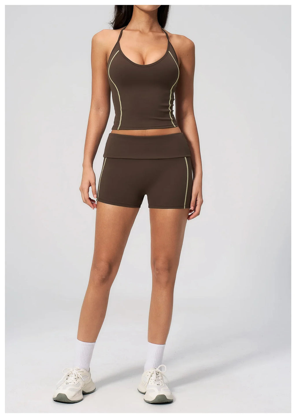 2PCS Women Yoga Sets Color Contrast Hanging Neck V Neck Slimming Sports Tank Top Flip High Waist Shorts Gym Running Fitness Suit