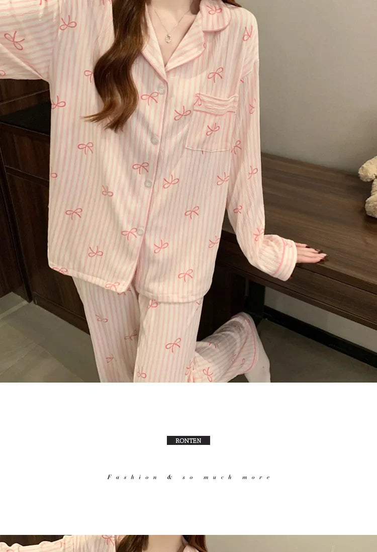 Spring Autumn New Women's Pajamas Long Sleeved Long Pants Sweet Printed 2-piece Set Casual Home Cardigan Nightgown