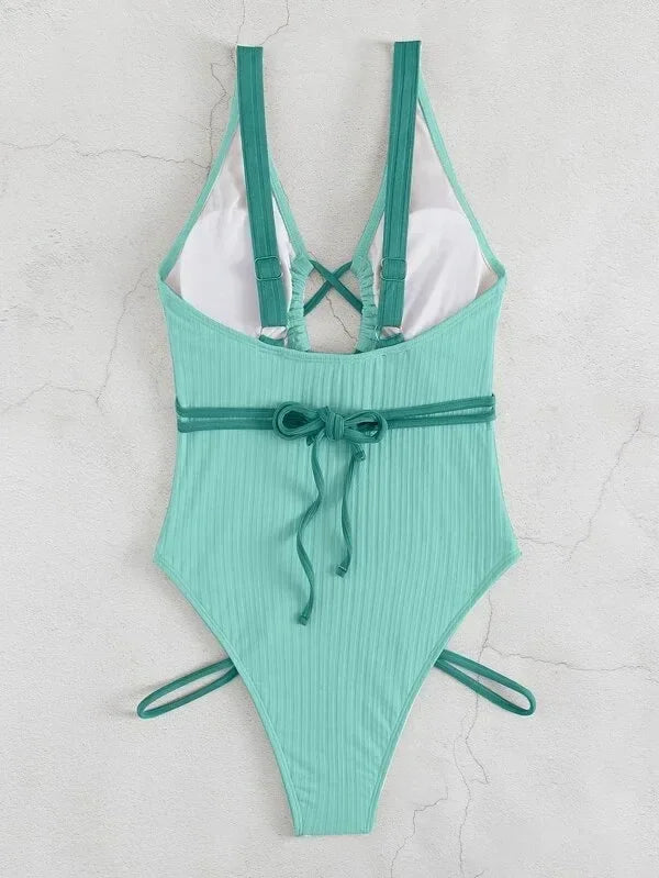 New Sexy One Piece Swimsuit Swimwear Women Pit Striped Hollow Backless Cross Straps Solid Beachwear Bathing Suit Banadores Mujer