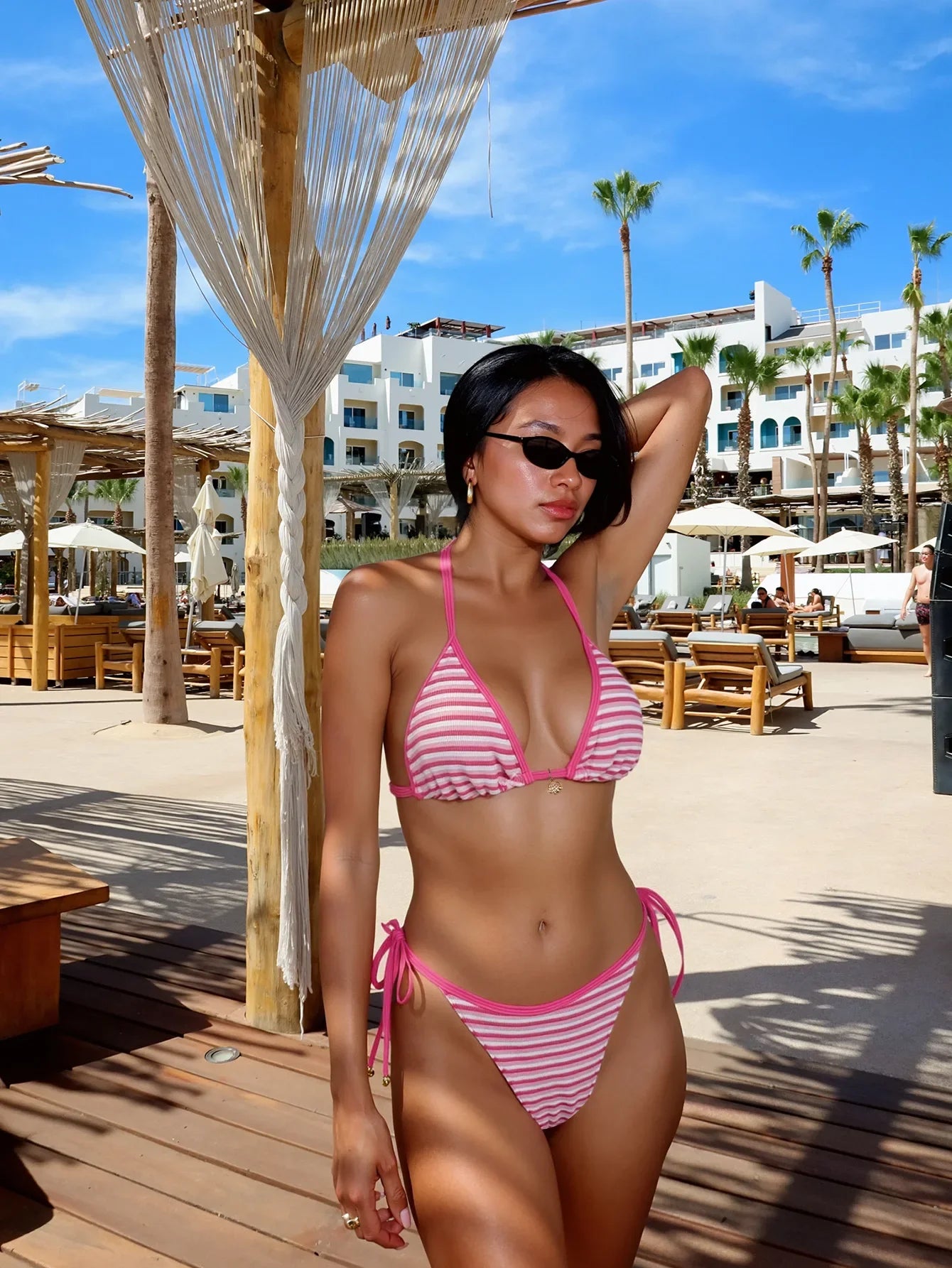 2026 Trendy String Bikini Set Triangle Top Side Tie Bottoms with Metallic Pendant  Solid Color Contrast Trim Women Swimwear