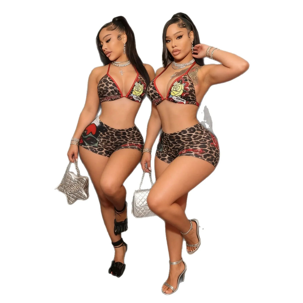 Leopard print sexy two-piece hot girl nightclub style shorts set