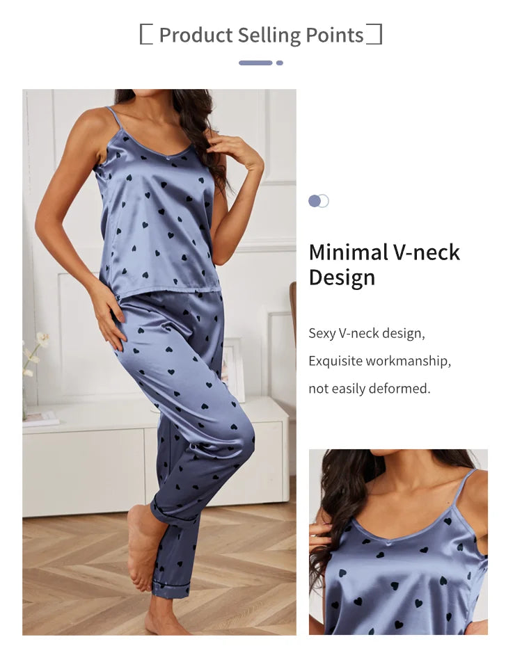 Ladies Heart Print Pajama Set Sexy V Neck Cami Top & Elastic Waistband Pants Pyjama 2 Pieces Women's Sleepwear & Loungewear Pjs