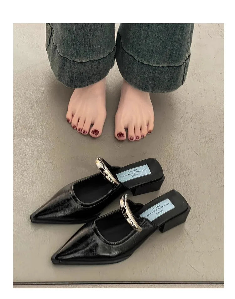 2026 New Summer Women Cover Toe Mules Slippers Fashion Metal Decoration Thick Heel Slide Shoes Comfort Street Style Footwear
