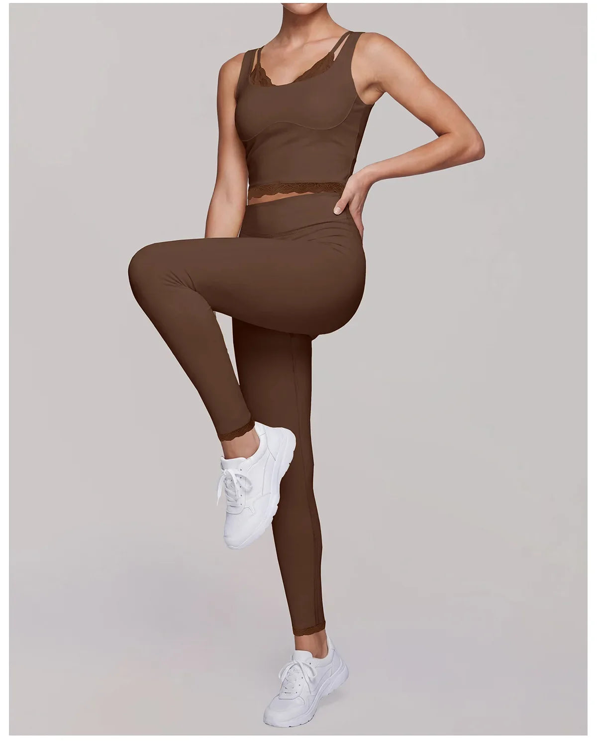 Fake Two Piece Tank Top Yoga Sets Women Lace V Neck Sports Vest Fitness Suit Hip Lifting High Waist Leggings Workout Clothes