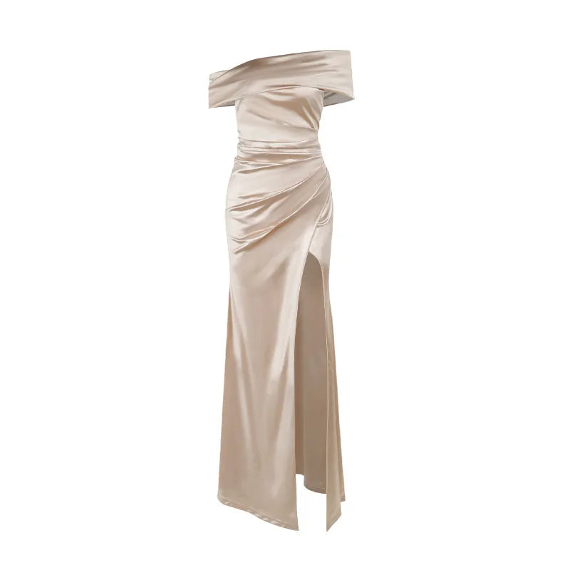 Elegant Satin Solid Color Off-Shoulder Women's Long Dress Sexy High-Waisted Flim Slit Pleated Dress for Lady Party Wedding