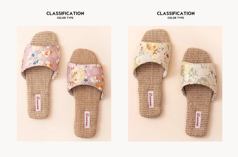Breathable Indoor Linen Slippers For Women Men Home Floor Shoes Chinese Style Emrobidery Anti-slip Couples House Bedroom Slides