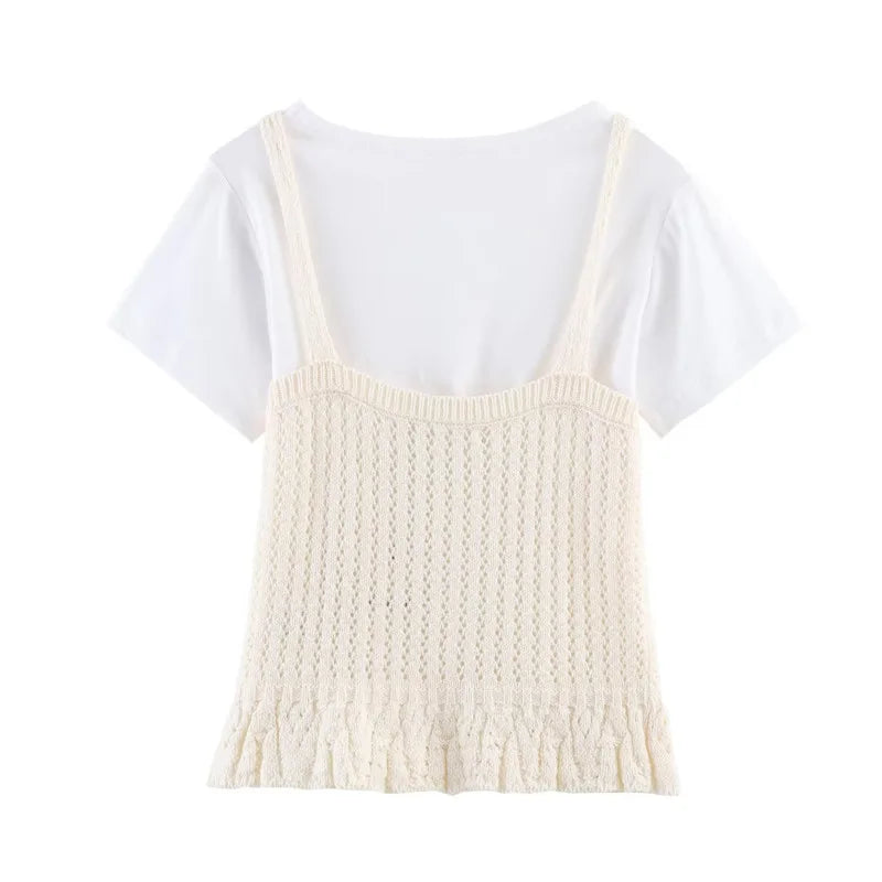 Fashion Casual Hollow-out Knitwear Women Cream White Crochet Knit V Neck Button Front Ruffle Hem Sleeveless Casual Crop Top 38V2