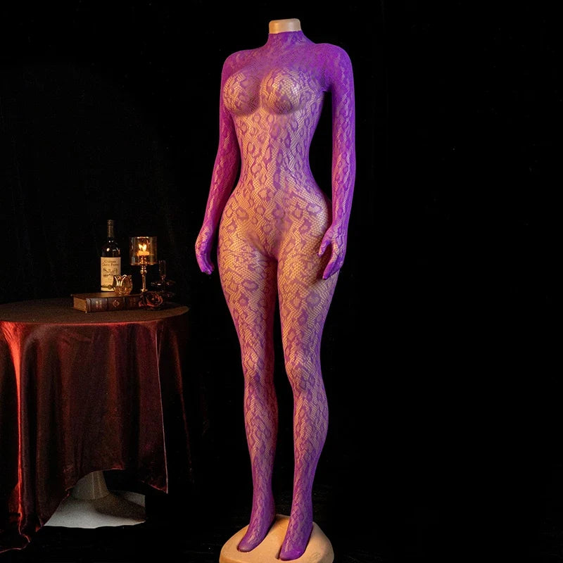 Hot Sexy Lingerie Erotic Crotchless Women Mesh Hollow Bodystockings Full Sleeve Leopard  Sling Hanging Neck Underwear Body Suits