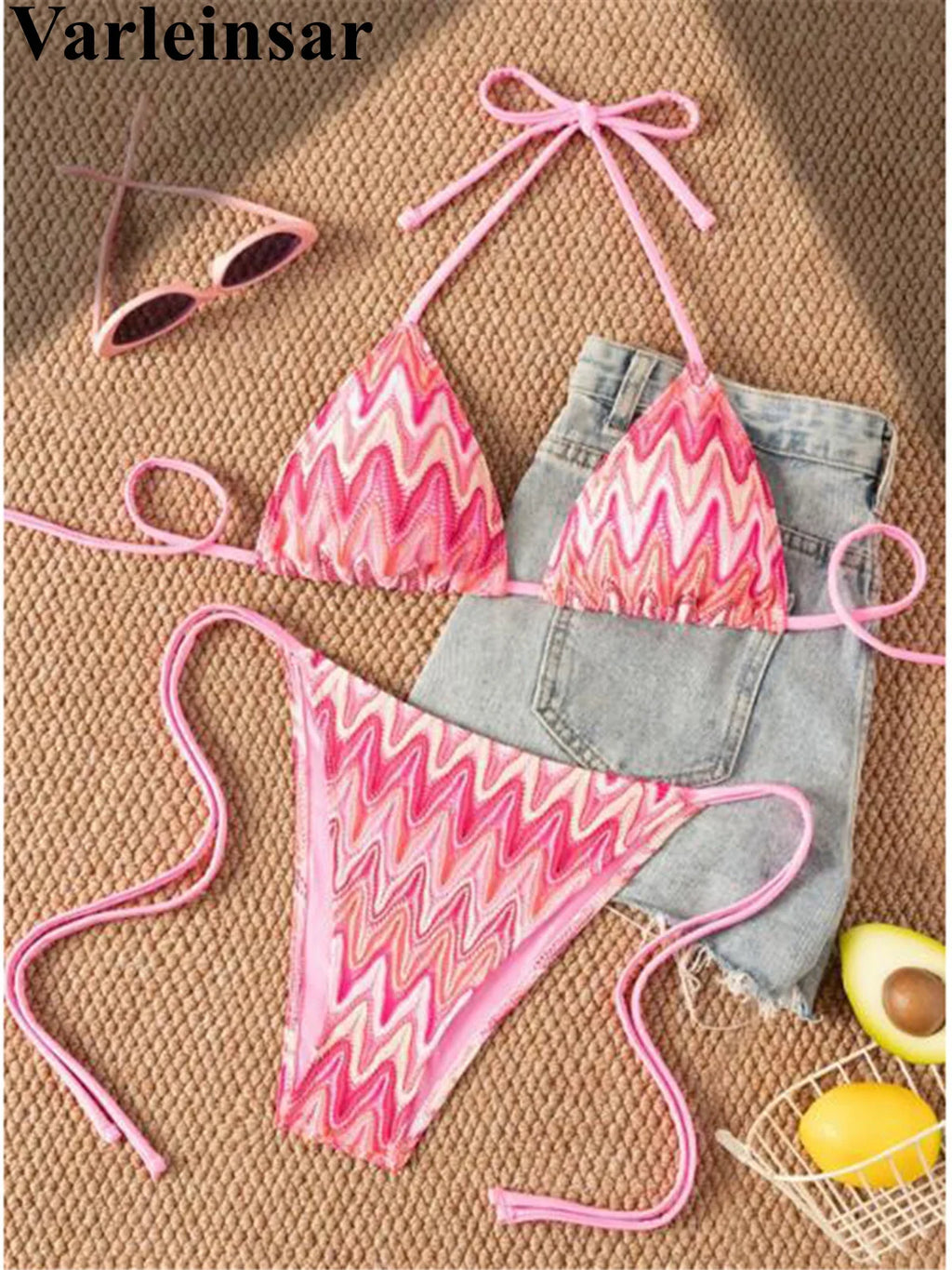 Printed Halter Bikini Female Swimsuit Women Swimwear Two-Pieces Bikini Set High Leg Cut Strappy Bather Bathing Suit Swim V8176