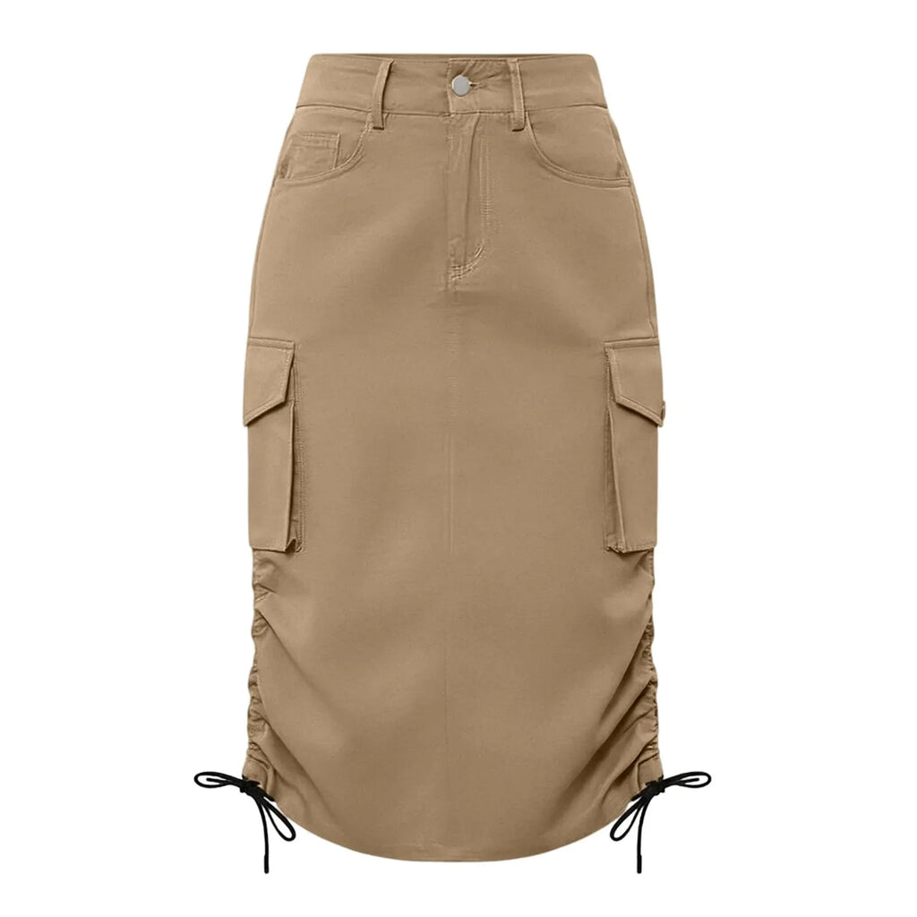 Womens Cargo Midi Skirt High Waist Multi Pocket Pencil Skirt Side Drawstring Ruched Split Hem Bodycon Summer Skirts Streetwear