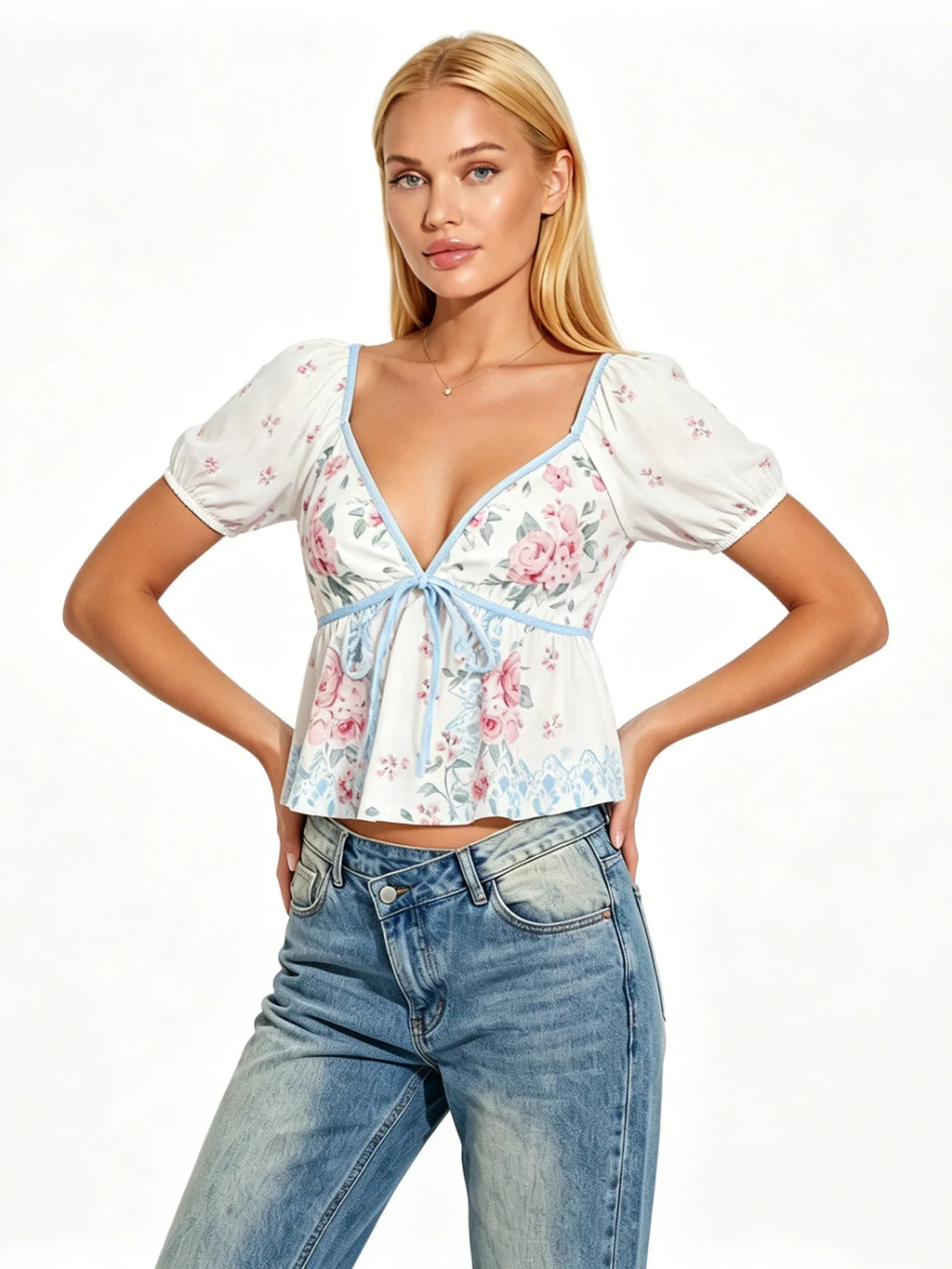 Womens Summer Crop Tops Puff Short Sleeve V Neck Floral Print T-shirts