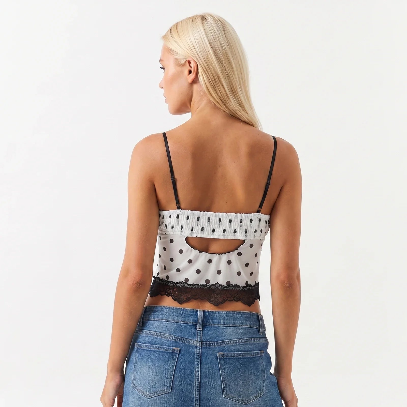 Women Fashion Dot Print Lace Patchwork Crop Tops Summer Slim Camisole Spaghetti Strap Mesh Tank Tops Streetwear