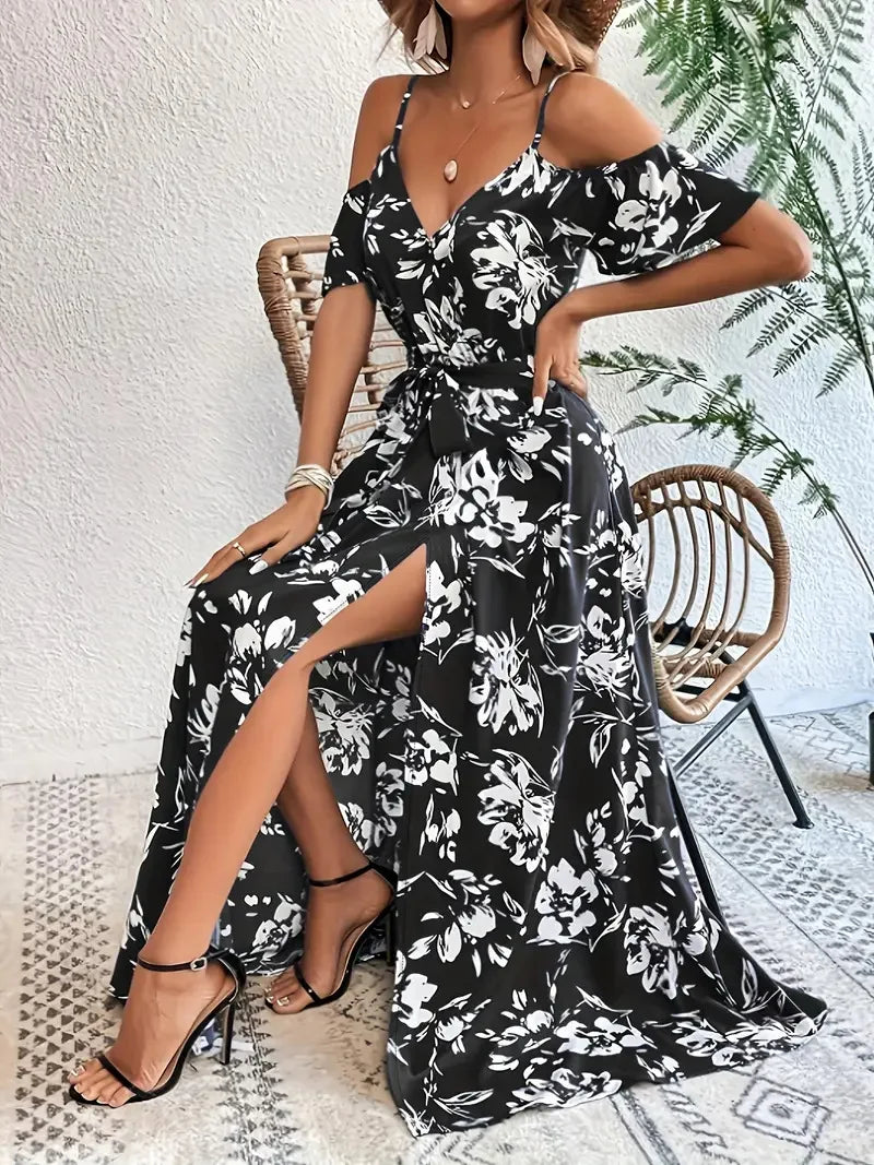New Summer Women Print Dress 2025 Fashion Elegant  Vacation Party Short Sleeve Slim V-neck Slit Long Dresses Vestidos Para Mujer