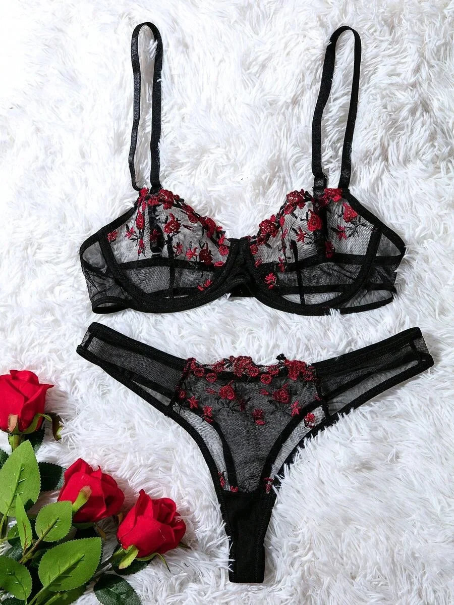 Fairy Bra Set Women Bralette 2-Piece Underwear Sets Floral Embroidery Steel Ring Bra And Panty Set
