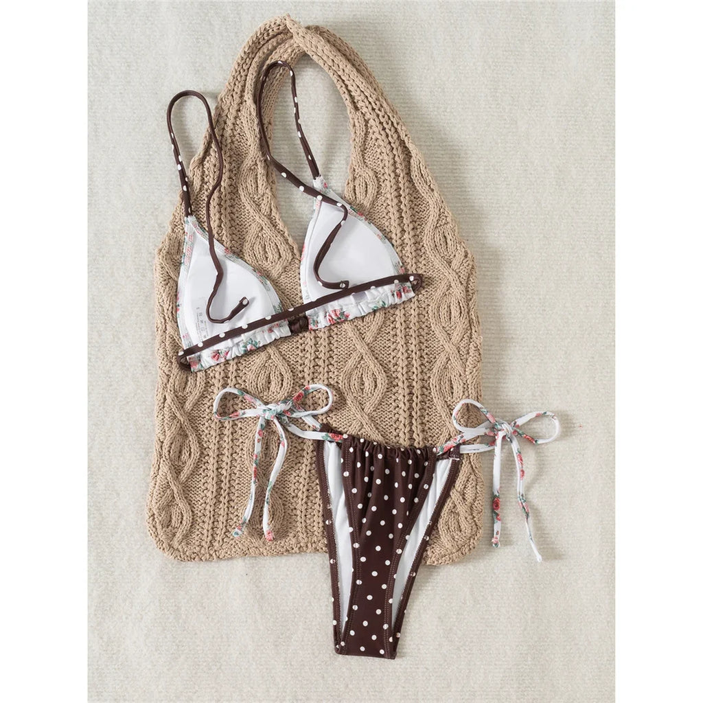 New Floral Flowers Dots High Cut Leg Bikini Women Swimwear Female Swimsuit Two-pieces Bikini set Bather Bathing Suit Swim V6964
