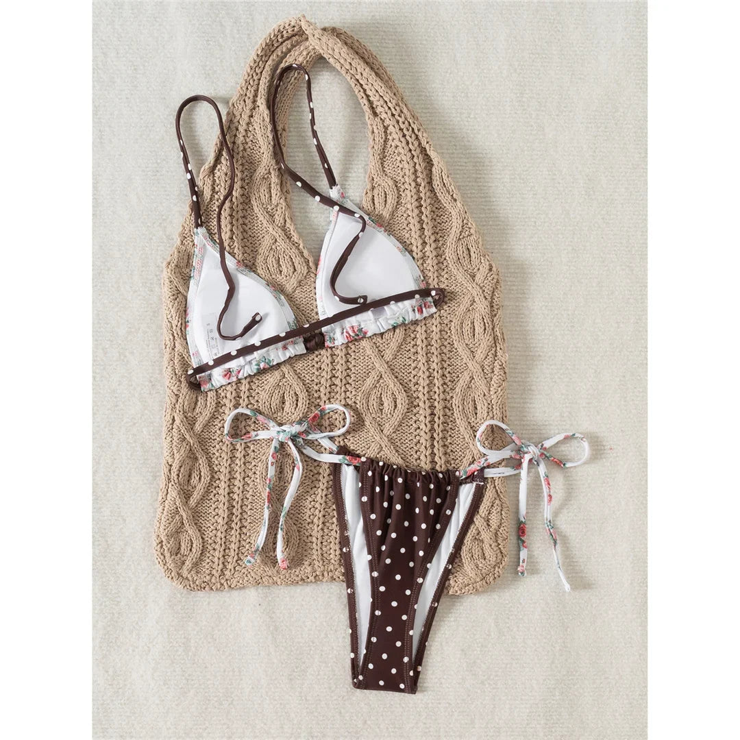 New Floral Flowers Dots High Cut Leg Bikini Women Swimwear Female Swimsuit Two-pieces Bikini set Bather Bathing Suit Swim V6964