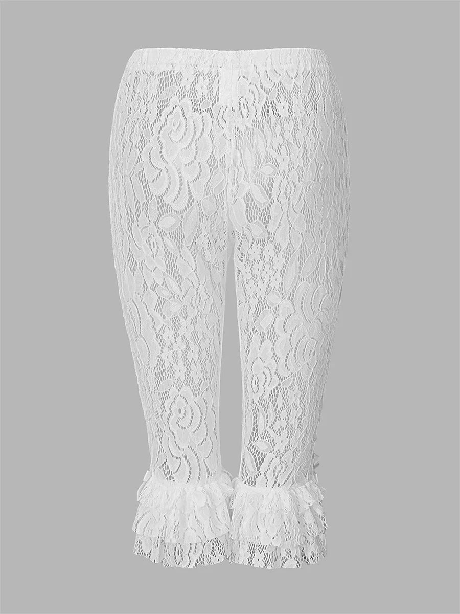 Women Summer Lace Ruffle Capri Leggings Solid Color Sheer Mesh Elastic High Waist See Through Pants