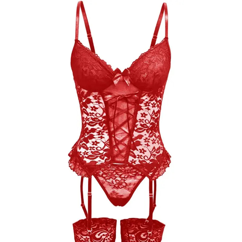 Erotic Set Lingerie Women's Underwear Sheer Lace Bralette Bra Brief Set Garters Thong Sleepwear Sexy Underwear Outfit