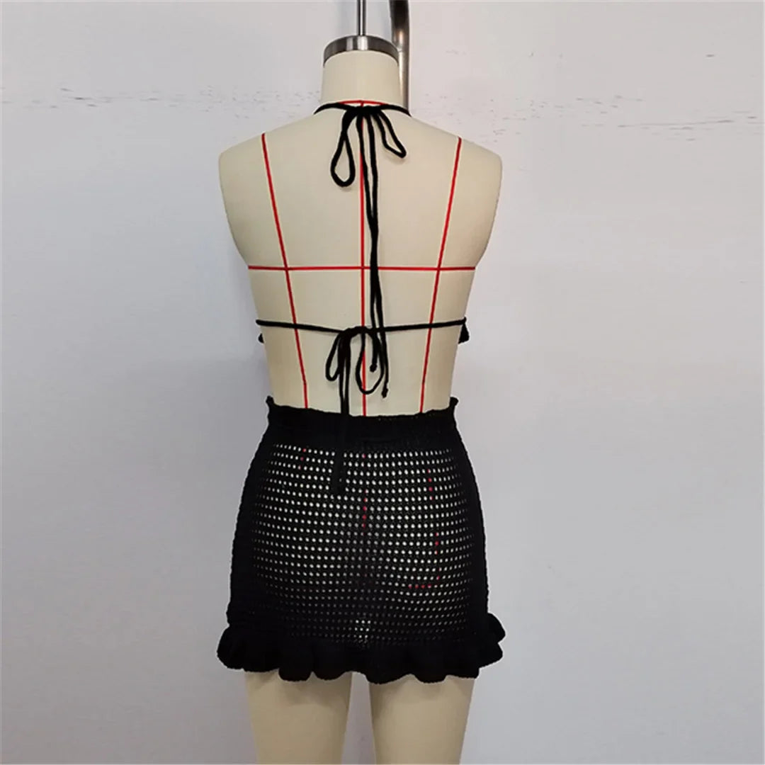 Sexy Halter Hollow Out Beach Skirt Bikini Female Swimsuit Women Swimwear Two-pieces Bikini set Bather Bathing Suit Swim K6782