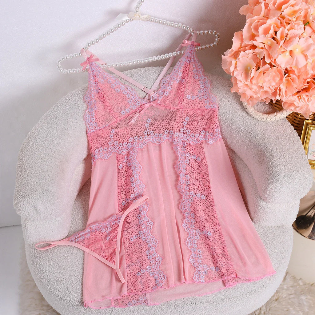 New Flowers Lace Vulgar Nightdress Casual Deep V Neck Spaghetti Strap Sleep Dress Women Sleepwear Dresses Sexy Lingerie Babydoll
