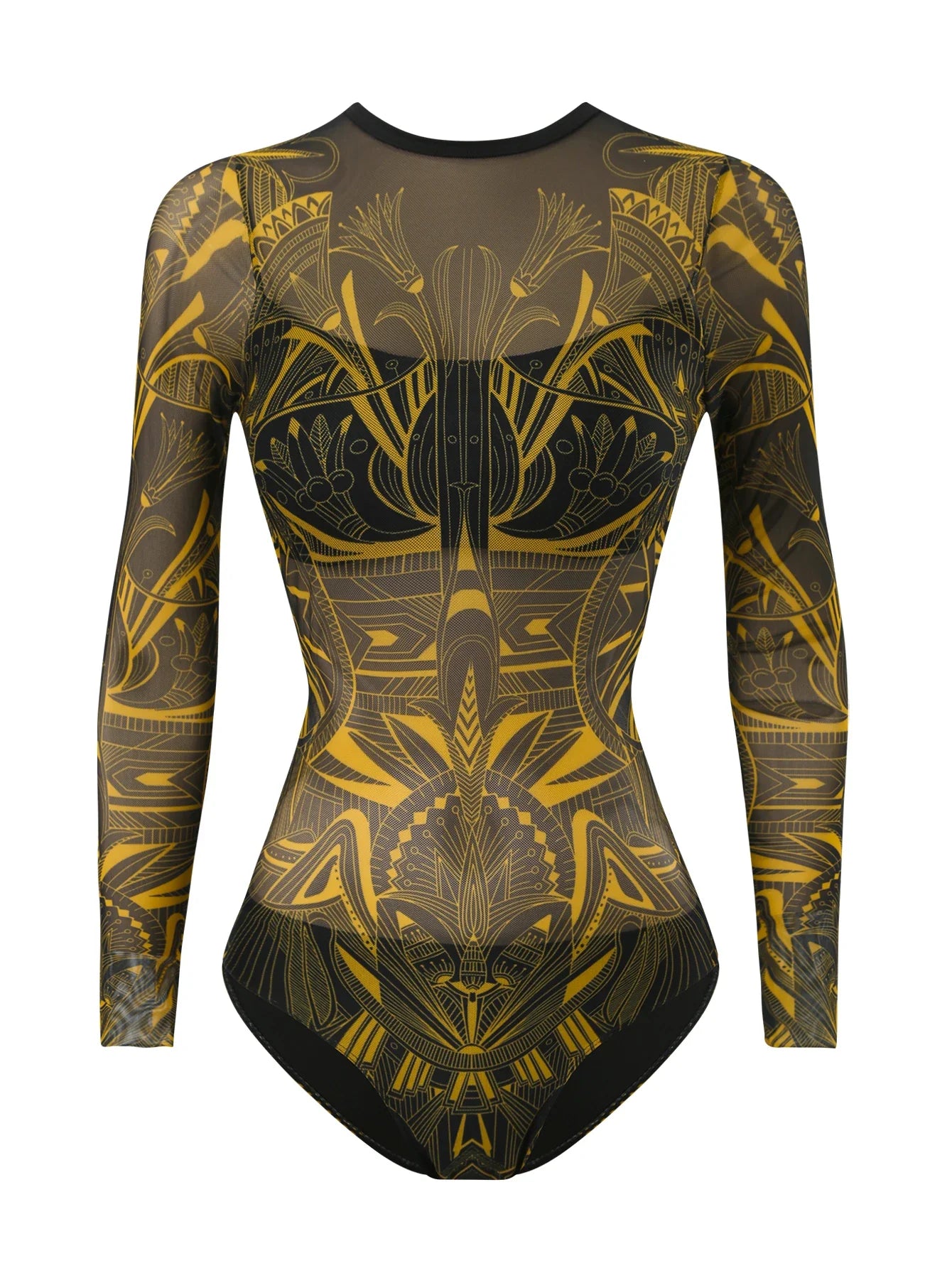 2026 Printed Mesh Swimsuit One Piece & Beach Dress Long Sleeves Swimwear Women Bathing Swimming Swim Suit Padded Beachwear