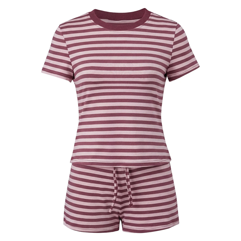 Women's Summer Striped Short Outfits Casual Stylish Short Sleeve Tee Tops and Shorts 2 Pcs Sets Daily Casual Sporty Loungewear