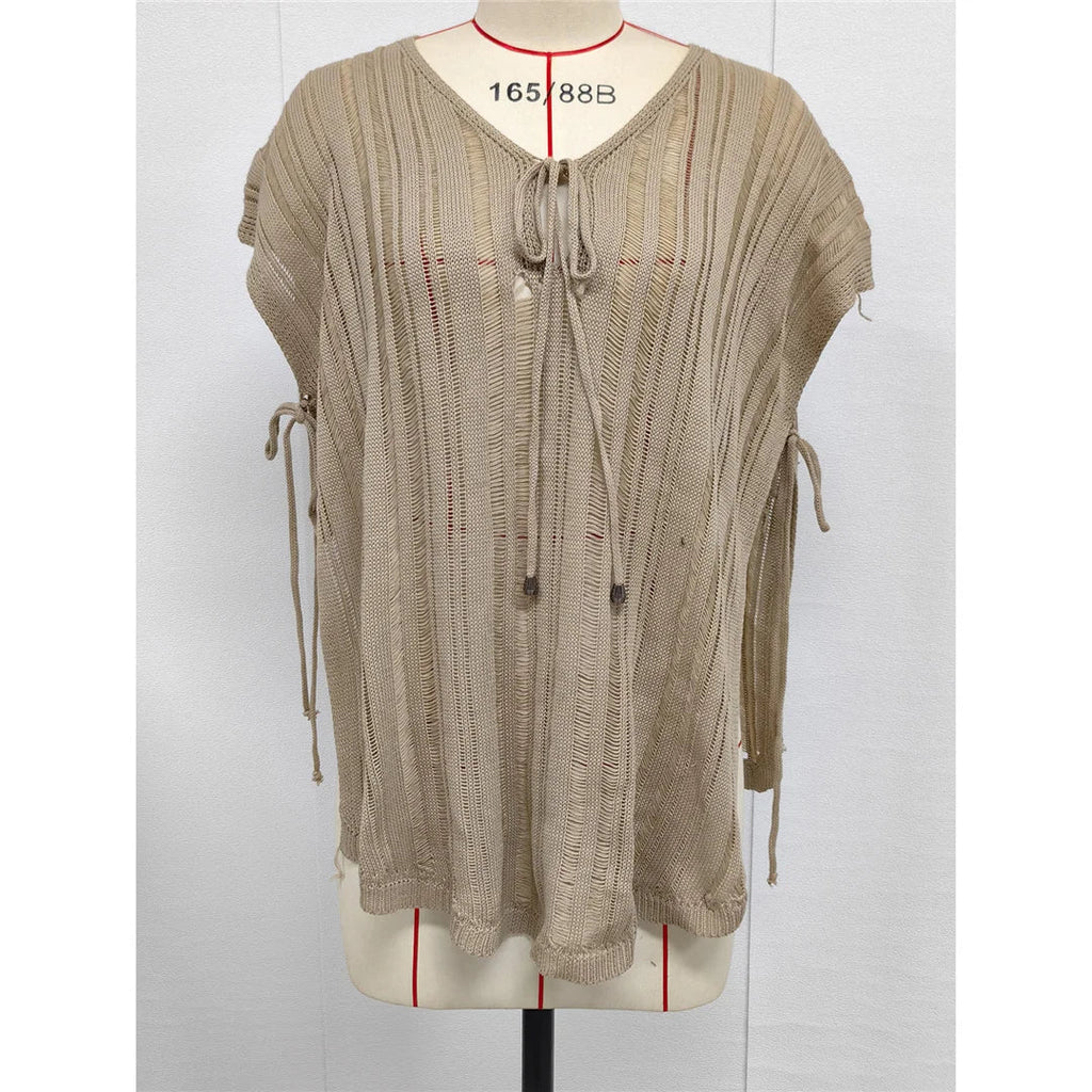 2026 New Short Sleeve V Neck Crochet Knitted Tunic Beach Cover Up Cover-ups Beach Dress Beach Wear Beachwear Female Women V8211
