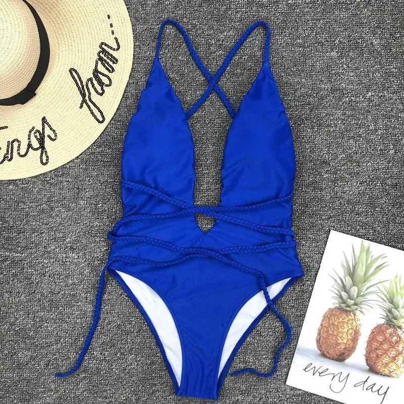 Sexy Deep V Neck Wrap Around Female Swimwear One Piece Swimsuit Women Backless Monokini High Leg Cut Bathing Suit Swim Beachwear